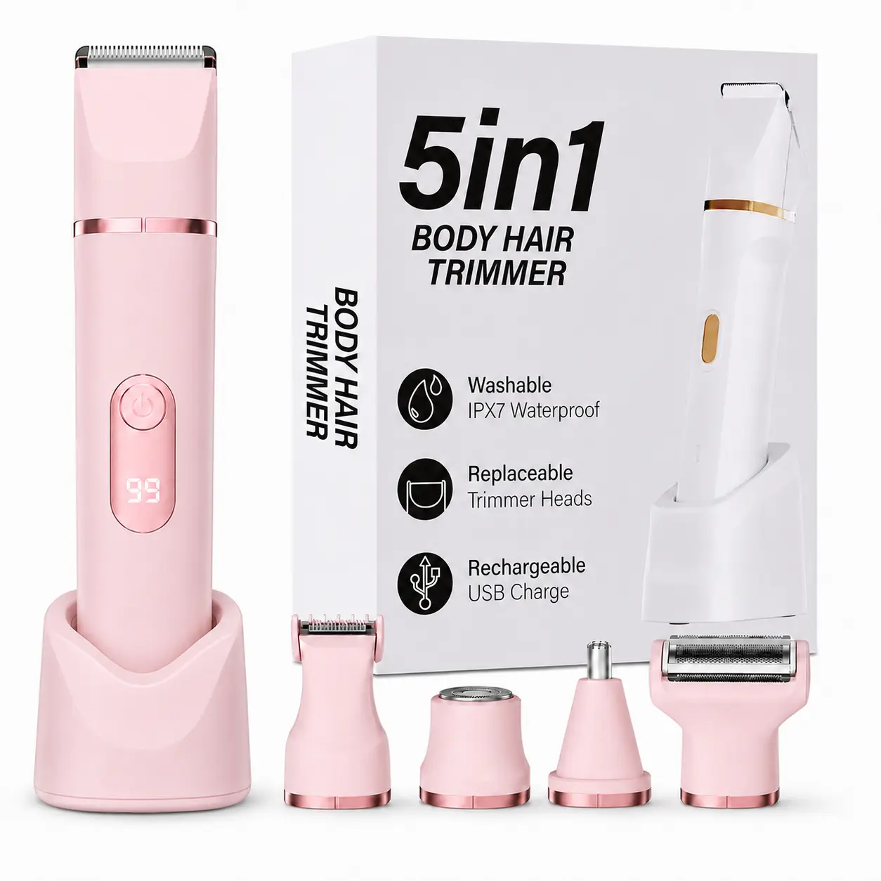 5-in-1 Electric Bikini Trimmer for Women – IPX7 Waterproof Shaver, Cordless Body & Facial Razors for Women, Ceramic Blades, USB Rechargeable, Painless Hair Removal Kit (White, Black, Pink) family gift