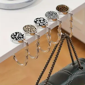 Leopard Print Geometric Zinc Alloy Wallet Hook, Casual Style Foldable Handbag Hook, Portable Desktop Bag Stand for Home Retail Use