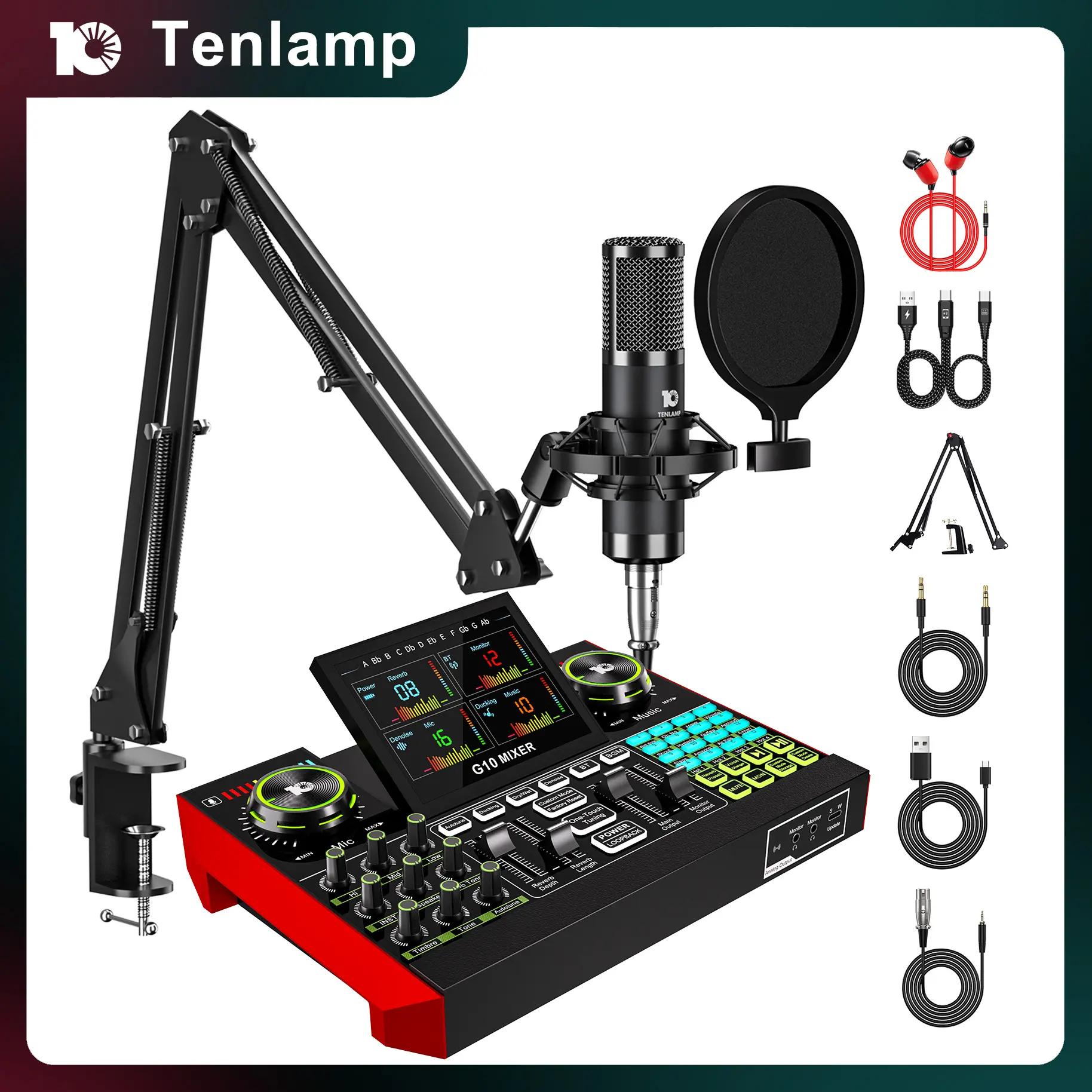 Tenlamp G10 Audio Interface & Sound Card Mixer Kit – with Custom Effects, Condenser Microphone, Dual-Stage Noise Reduction for Live Streaming, Gaming, Vocal Recording, Podcasting, Computer Audio Mixing