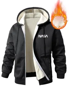 Men's Hooded Fleece Sweatshirt, Nasa Print Zipper Jacket Coat; Casual Fashion Geometric Pattern; Fall & Winter Thick Fabric