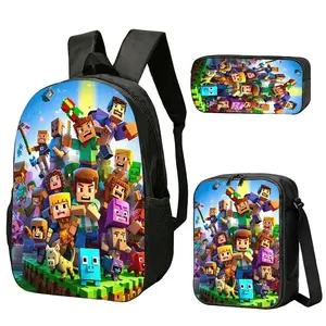 Pixel Block Game Graphic Unisex Backpack Set, Available In 3 Piece Sizes, Vibrant Original Character 2D Flat Print Laptop Daypack, Multi-Purpose Utility Bag For Teens & Adults Daily Commute Travel Outdoor Outings, Trendy Pop Culture Holiday Birthday Gift