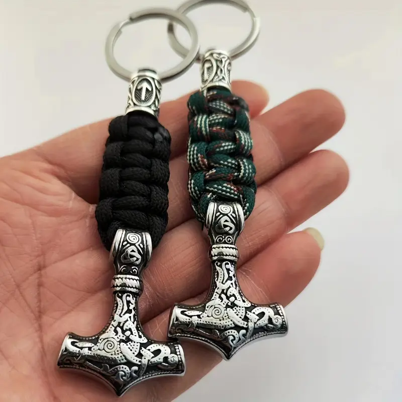 Sporty Handwoven Plaited Polyester Keychain with a Stainless Steel Viking Thor's Hammer Charm, Men's Fashion Jewelry Accessory, Other, Keychain Accessories, Hammer Shape, Viking Motif