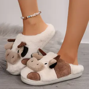 Womens Plush Cow Slippers Cute Cotton Animal Home Shoes Fluffy Plush Slippers Suitable for Girls Indoor Fur Slides Non Slip Soft