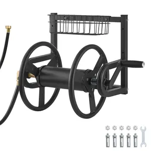 VEVOR Wall Mounted Garden Hose Reel,  Holds 125 ft 5/8-inch Hose, Heavy-Duty Water Hose Winder, Space-Saving Design, Outdoor Manual Reel with Brass Fitting and Storage Basket for Yard Lawn