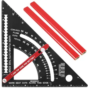 Carpenter Square, 7 inch Woodworking Tools Framing Square, Carpenter Tool and 2 Pencils Combination Square, Adjustable Angle Triangle Ruler, Metal Rafter triangle ruler carpentry construction professional hand measuring protractor layout