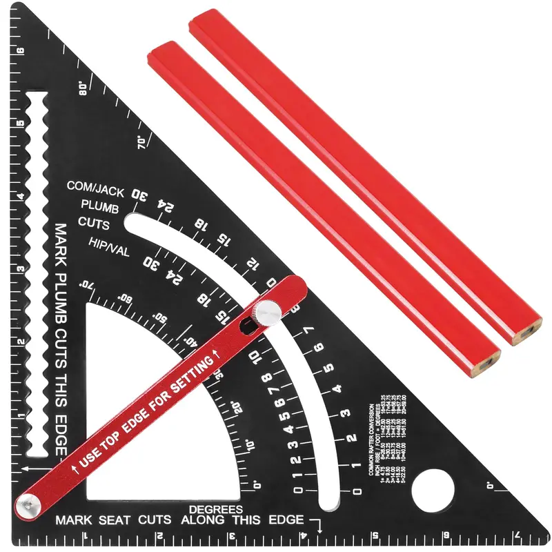 7-Inch Aluminum Alloy Adjustable Angle Carpenter Square - Rafter Triangle Ruler with 2 Pencils, Accurate Scale Calipers, Inches-Metric Layout Tool for Professional Carpentry & Furniture, Easy-to-Use Long-Lasting Hardware Measuring Tool