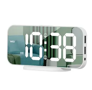Digital Alarm Clock with Dual Alarms, Mirror LED Bedroom Alarm Clocks Adjustable Brightness, Snooze with 2 USB Port
