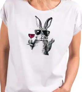 Funny Bunny Shirt for Women with Wine Glass and Sunglasses – Cotton Print T-Shirt in Pink, White or Grey – Short Sleeve, Gift Idea,
