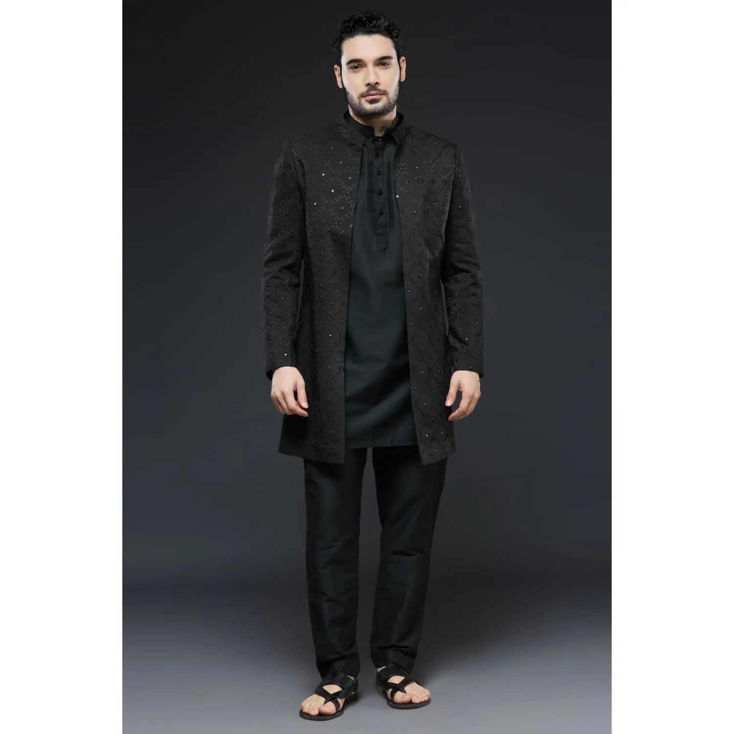 Black sherwani open jacket set with navy blue kurta and slim pant set