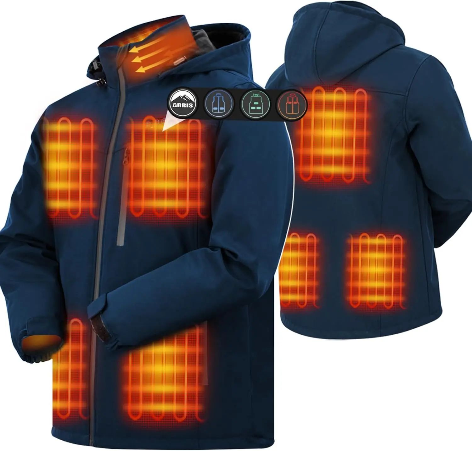 ARRIS Men’s Heated Jacket with Battery, Waterproof Electric Heating Coat with Detachable Hood, 8 Heating Zones,Navy Blue Jacket