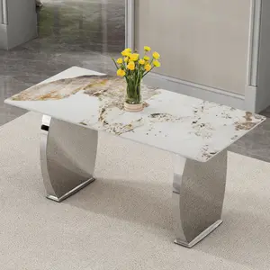Modern rectangular dining table, imitation marbled rock plate table top, stainless steel table legs, suitable for kitchen, dining room, living room 63 inches * 31.4 inches. RR