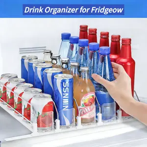 Refrigerator Soda Can Dispenser, Self-Push Beverage Organizer, Adjustable Width, Beer, Soda Can, Water Bottle Dispenser