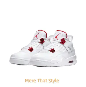 Retro Mid-Top Sneakers in All-White Leather with Metallic Red Lace Locks, Tongue Details, and Visible Air Cushioning