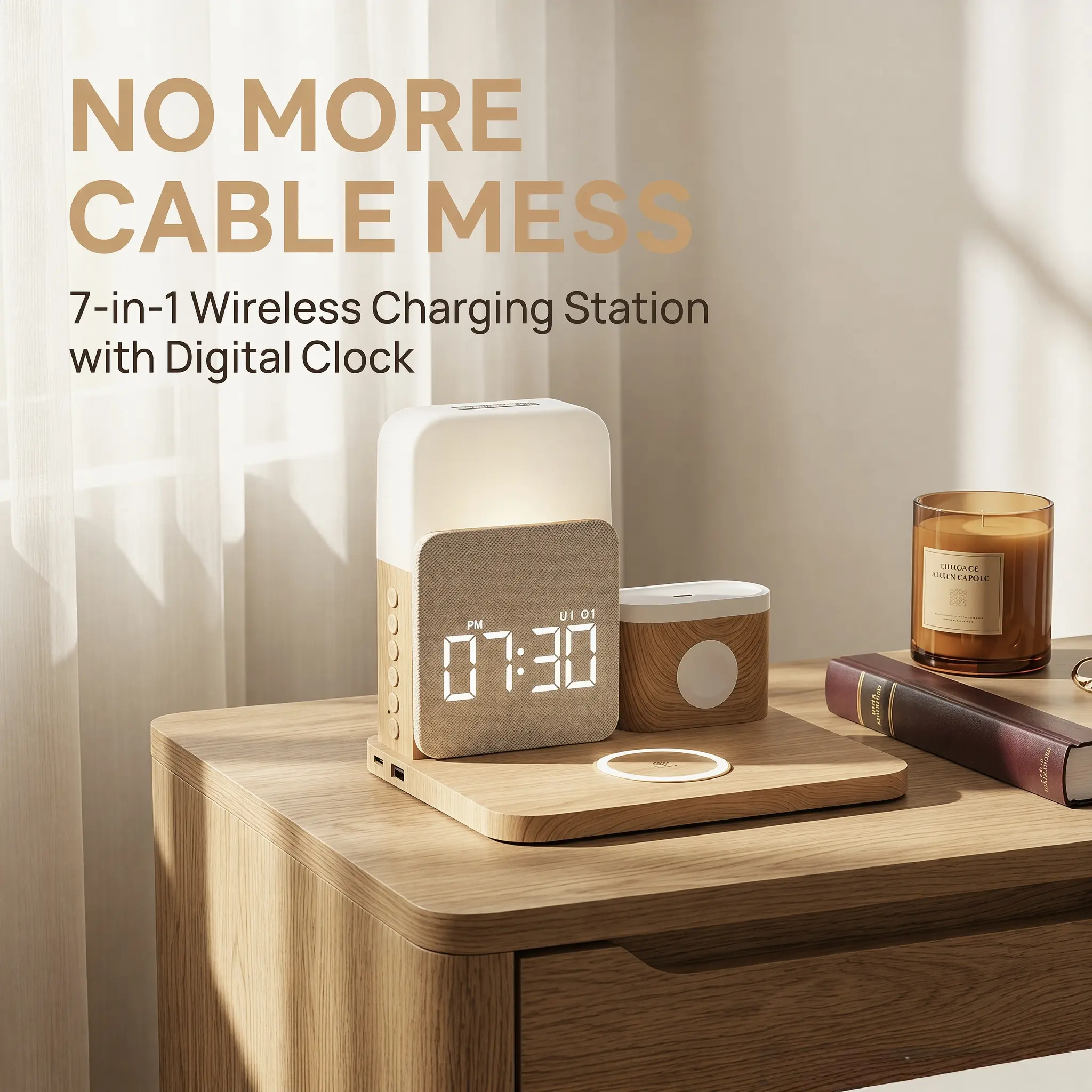 Foldable 7-in-1 Fast Wireless Charger Trio with Wireless Induction Bluetooth Speaker Stand & Alarm Clock. Magnetic Dock for iPhone 17-12, Apple Watch, AirPods, Samsung. 3-Level Dimmable Night Light, Portable Desk Organizer for Bedroom, Office & Travel.