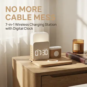 Foldable 6-in-1 Fast Wireless Charger Trio with Wireless Induction Bluetooth Speaker Stand & Alarm Clock. Magnetic Dock for iPhone 12-15, Apple Watch, AirPods, Samsung. 3-Level Dimmable Night Light, Portable Desk Organizer for Bedroom, Office & Travel.