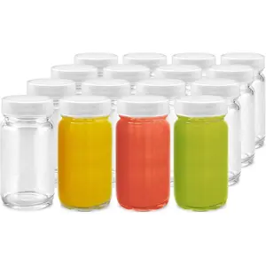 Glass Juice Shot Bottles Set - Wide Mouth for , Beverage Storage, Liquids, 2 oz, Clear with White Caps, , Leak Proof, Jars (16 pack)