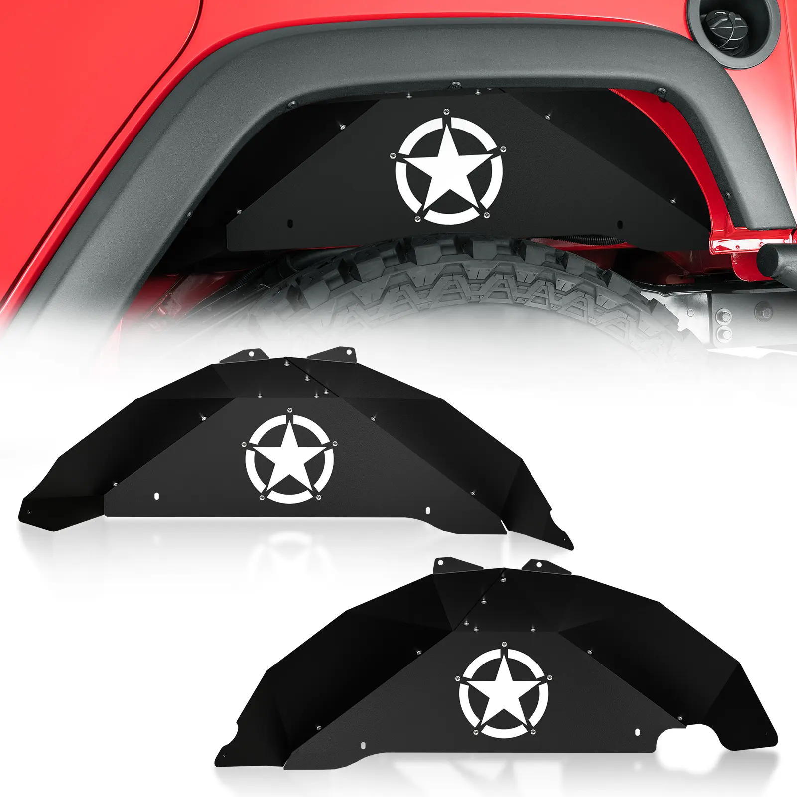 YZONA Automotive Rear Inner Fender Liners - White Star Logo Steel Back Wheel Well Mud Guards (2 PCS), Car Exterior Accessories for 2007-2018 Jeep Wrangler JK & JKU Unlimited 2/4 Doors