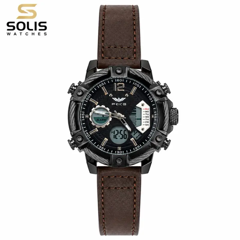 FEICE Men’s Analog-Digital Sport Watch - Brown Leather Strap - Black Dial