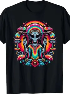 Unisex T-Shirt Featuring a Humorous Tie-Dye Alien Peace Sign in a Boho Hippie Style, Suitable for Both Men And Women.