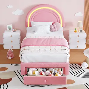 Twin Upholstered LED Bed Frame - with Rainbow Headboard and Storage Drawer, Lamb Wool Princess Platform Bed for Kids, Solid Wood Slat Support, No Box Spring Needed, Multiple Colors, Pink
