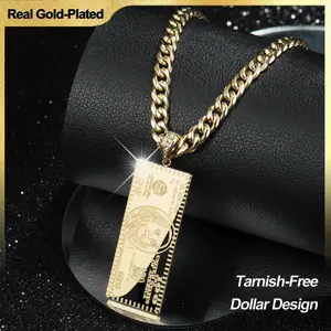 Holylegend 14K Real Gold-Plated Dollar Pendant Necklace, Double-Sided Mini Money Design with Iced Connector, 24-inch Cuban Chain, Hip Hop Jewelry Gift for Streetwear Lovers