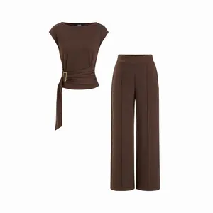 Cider Boat Neck Metal Detail Belted Ruched Top & Mid Rise Straight Leg Trousers Set