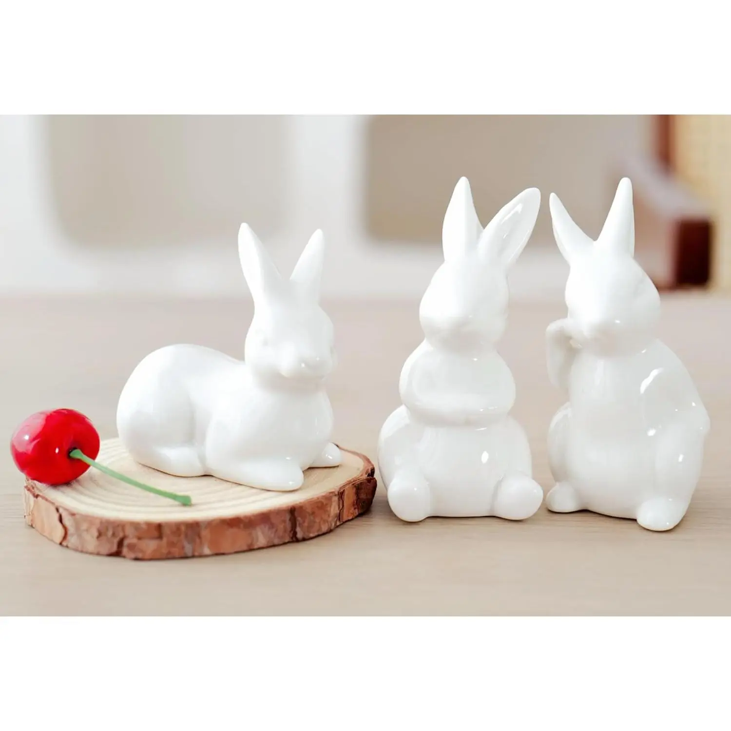 Glossy Ceramic White Rabbit Figurines - Porcelain Animal Decoration for Easter, Indoor Room Table Restaurant Displays, New Birth Gifts for Home Dressers Nightstands