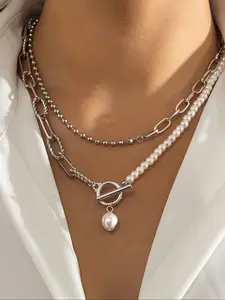 Women's Fashion Long Chain Necklace, Vintage Style Pearl OT Buckle Pendant Jewelry, Elegant Two-Layer Design Accessory for Women, Necklace Layering Clasp, Multilayer Necklace
