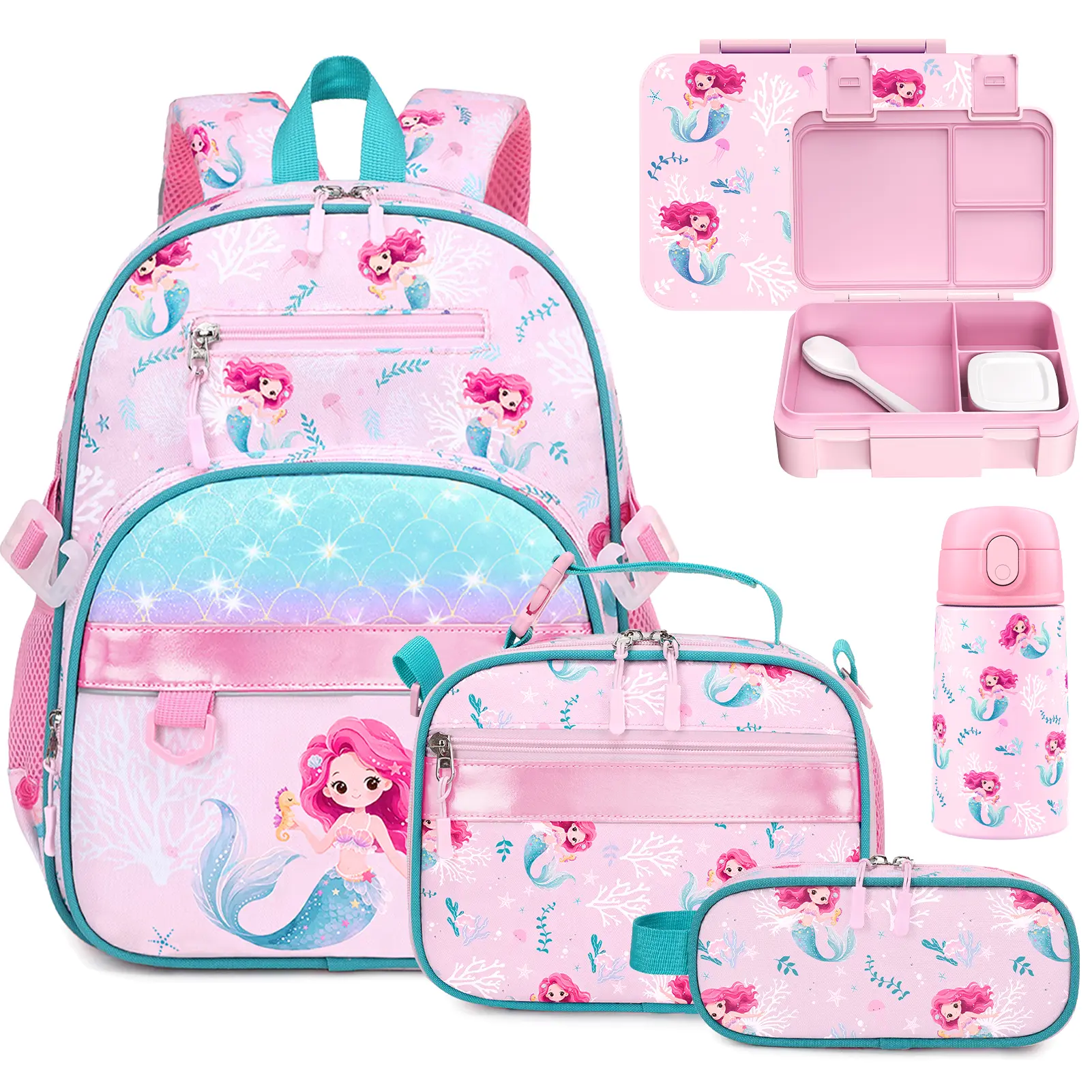 SIMILOVE 5PCS Girls Backpack Set Ages 5-8 with Bento Box & 13oz Insulated Water Bottle, School Backpack for Girls with Lunch Bag Pencil Case - 15inch Kids Bookbag for Kindergarten Elementary School