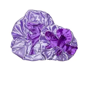 Reversible Silk Satin Bonnet – Mommy & Me (Adult + Kids) | Frizz Control Sleep Cap | Premium double-layer silk satin for long-lasting durability. (Purple + Light Purple)