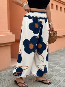 Elastic High-Waisted Wide Leg Lantern Pants, Casual Holiday Cuffed Long Pants, Fashion Floral Print, Comfortable and Stylish, Summer Wear