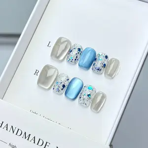10pcs Dreamy Sea Salt Ice Blue Cat Eye Press on Nails, Milky Base Glitter Sequin Decor, Removable Reusable Manicure for Ladies