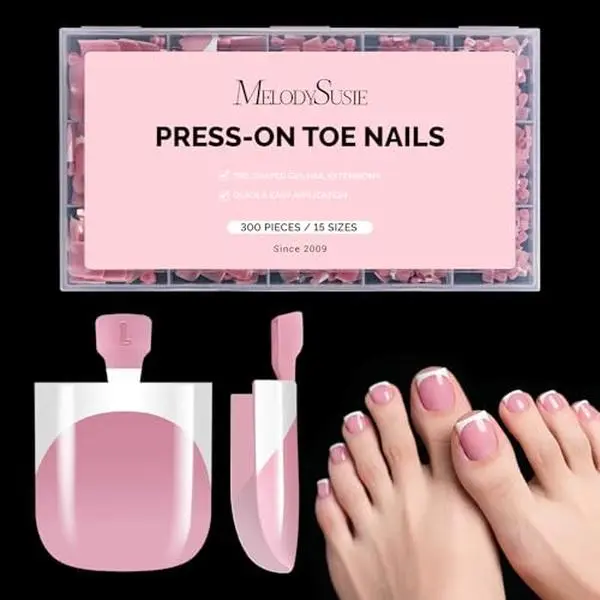 MelodySusie French Tips Square Press On Toenails,300Pcs 15 Sizes | Pre-Designed High Gloss X-Soft Gel Full Cover Acrylic Fake Nails Extension,Long-lasting&Reusable,Women Girl DIY&Salon