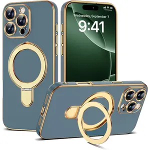for iPhone 16 Pro Max Case with Magnetic Ring Stand [Compatible with Mag-Safe] [Full Camera Lens Protector] Soft Plating Phone Case for iPhone 16 Pro Max 6.9", Grey Blue