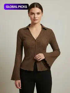 Women's Plain Woven Lettuce Trim Flounce Sleeve Button Front Blouse Shirts, Casual Chic Everyday Long Sleeve Collared Top for Daily Wear, Ladies Clothes for All Seasons Womenswear