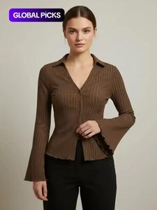 women's plain lettuce trim flounce sleeve button front blouse, chic casual soft long sleeve collared top for daily wear, ladies clothes for all seasons, longsleeves womenswear