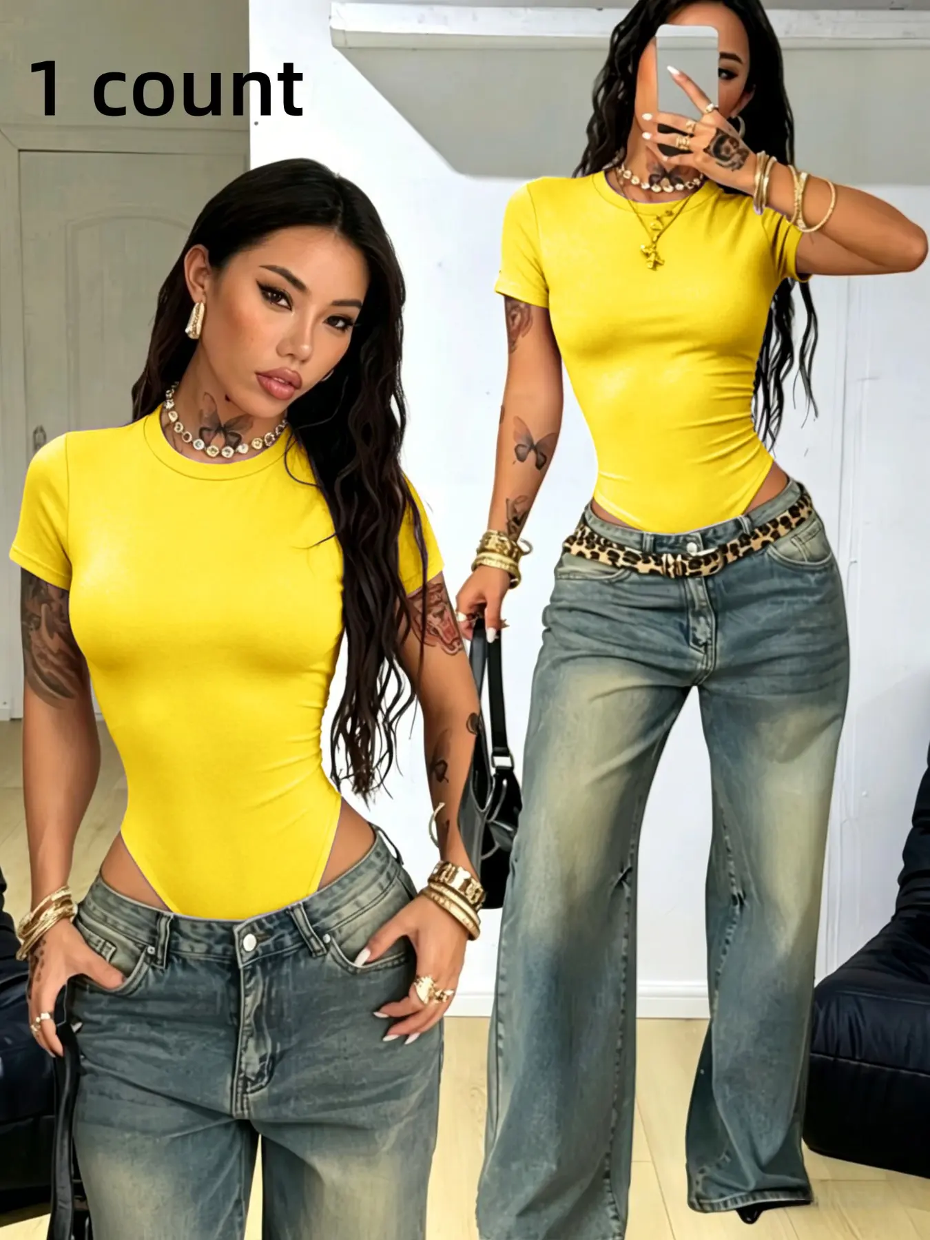 Y2K Women's Basic Round Neck Romper, Ultra-Elastic Fabric Short Sleeve T-Shirt, Sexy Slim Fit Solid Color Tight Top, Casual Summer, Perfect for Streetwear and Night Out