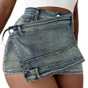 Y2K Street Vintage Stretchy Overlap Waist Wrap Asymmetrical Hem Skinny Cargo Mini Denim Skorts for Women