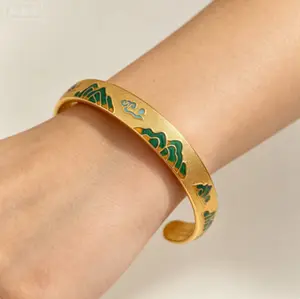 18K Gold Plated Cloisonne Enamel Mountain Cuff Bangle, Oriental Heart Sutra Open Bracelet