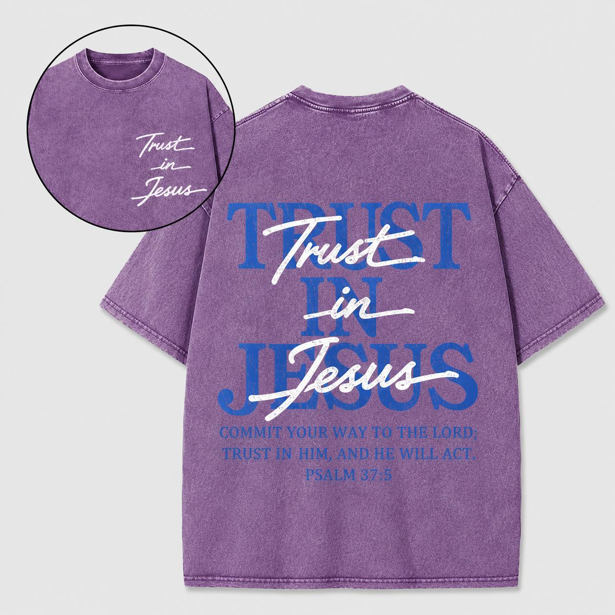 Women's Unisex 'Trust in Jesus' Faith Message Short-Sleeve Graphic Tee, Vintage Washed Oversized Cut Casual Tee Shirt, Classic Crew Neck, Dropped Shoulder, Front/Back Print, Streetwear Vibe Top