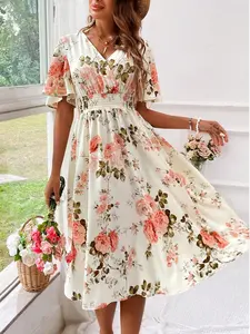 Women's V-Neck Floral Waist-Cinch Summer Dress, Perfect for Casual Vacations and Dates, Stylish and Comfortable Evening Wear, Womenswear