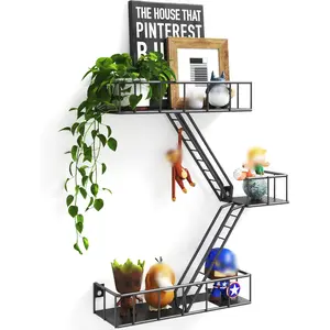 Fire Escape Wall Shelf with Baskets, 3-Tier Metal Fire Escape Ladder Shelf Wall Organizer, New York Inspired Decorative Shelf, Black Floating Action Figurine Display Shelves for Bedroom, Home Décor.