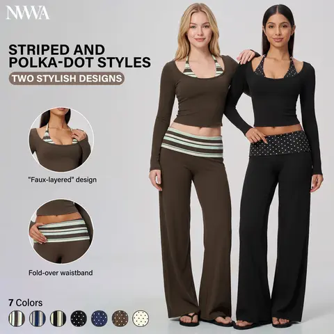 NVWA Women's 2 Piece Outfits Fake Two-Piece Long Sleeve Crop Top with Striped OR Polka Dot, High Waisted Wide Leg Pants, Butt Lifting Yoga Lounge Set, Chic Activewear Workout Outfits, Soft Stretchy Gym Wear,outdoorfun