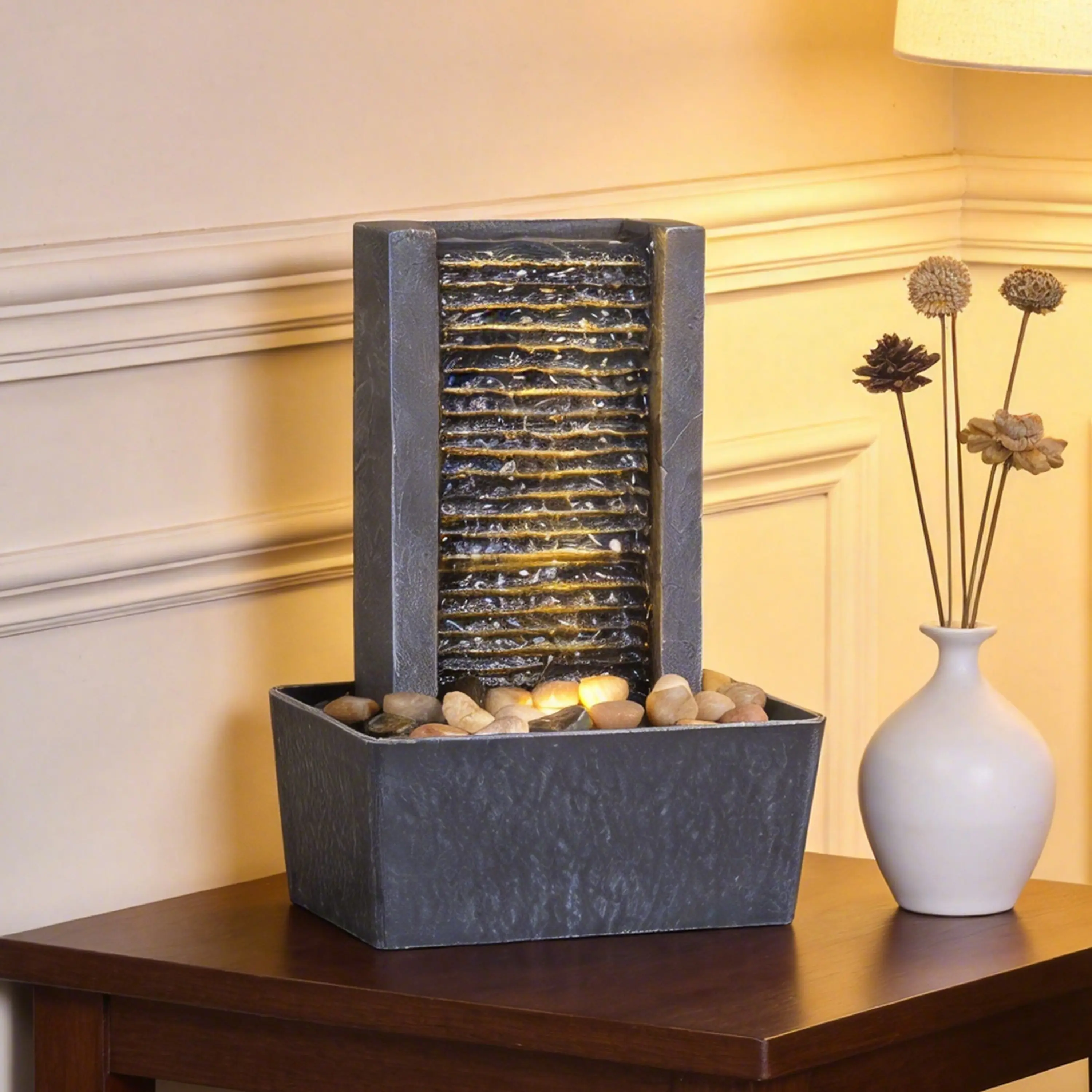 Modern Minimalist Tabletop Waterfall Fountain with Warm LEDs & Natural River Rocks, Creative Modern Decoration, Decorative Home Ornament, Stress Reliever for Office & Bedroom Spaces
