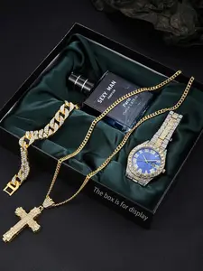 4-piece Men's Elegant and Fashionable Watch Jewelry Set, including a wristwatch, pendant necklace, and bracelet. This trendy and versatile watch set is ideal as a birthday gift.