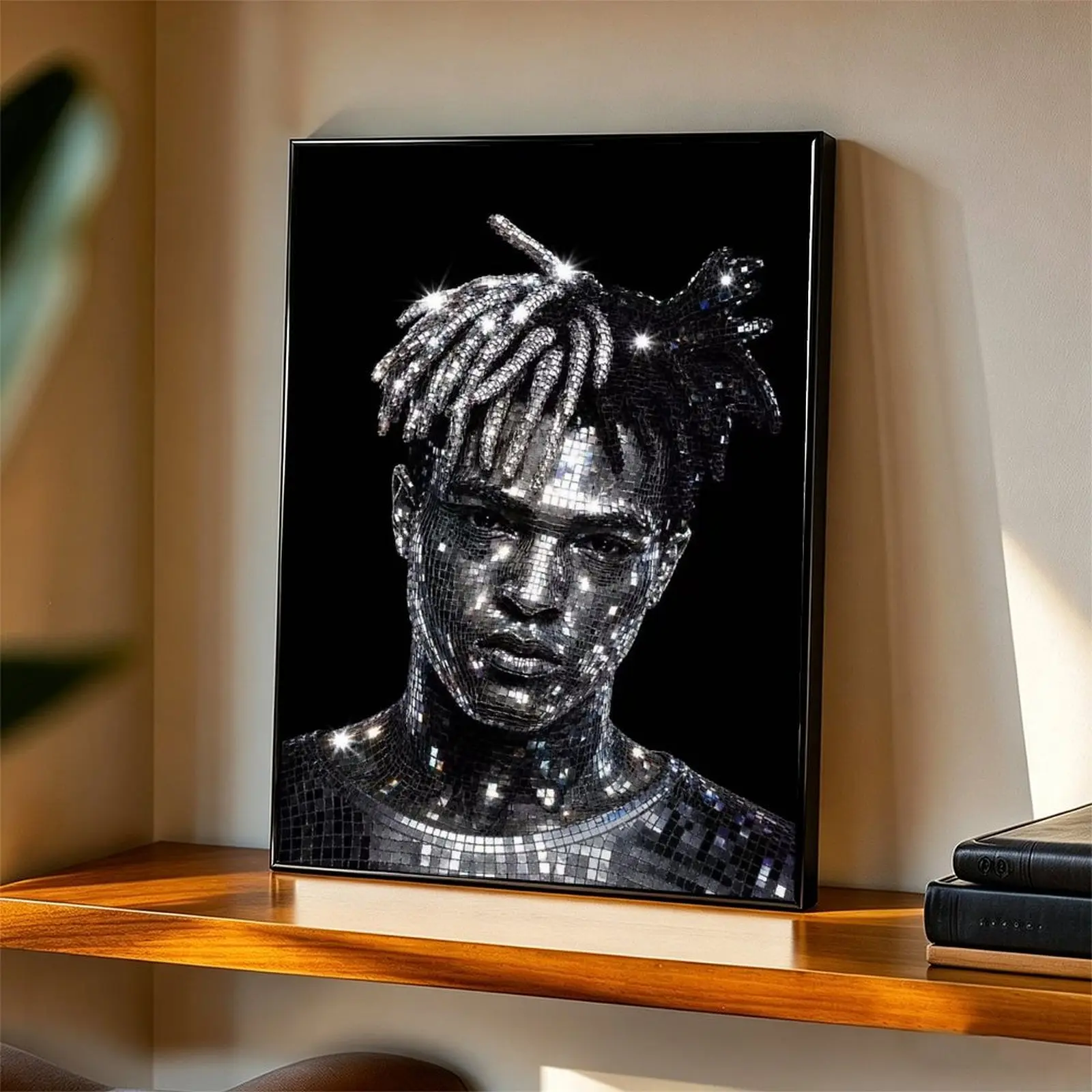 XXXTentacion Artistic Mirror Mosaic Canvas Wall Art, Hip-Hop Rapper Room Decor, Streetwear Aesthetic Framed/Unframed Poster, Black Frame Acrylic Print, Urban Music Fan Gift, Home Decor for Bedrooms/Living Rooms