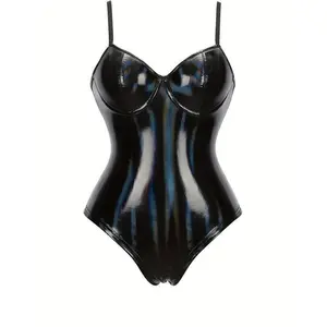 Sleek Black PU Leather Bodysuit with Spaghetti Straps - Slimming Waist & Tummy Control, Built-in Bra for Women Tops Party Shaper Clothes Dance Clothing Shapewear Polyester Womenswear Faux Fur Solid Comfort Compression Gamis