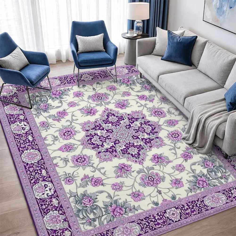 Purple Floral Persian Velvet Area Rug, Intricate Textile Bedroom Rug, Aesthetic Home Decor