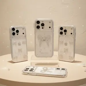 Case for iPhone 13 14 15 16 17 Pro Max with White Gold Bow Aesthetic Korean Style Fashion Phone Cover Featuring Sparkling Rhinestones