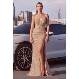 Cinderella Divine Ladivine J4055 Strapless Sweetheart Neckline Sheer Sequin Fitted Corset Prom Gown y2k Elegance Formal Women's Wear